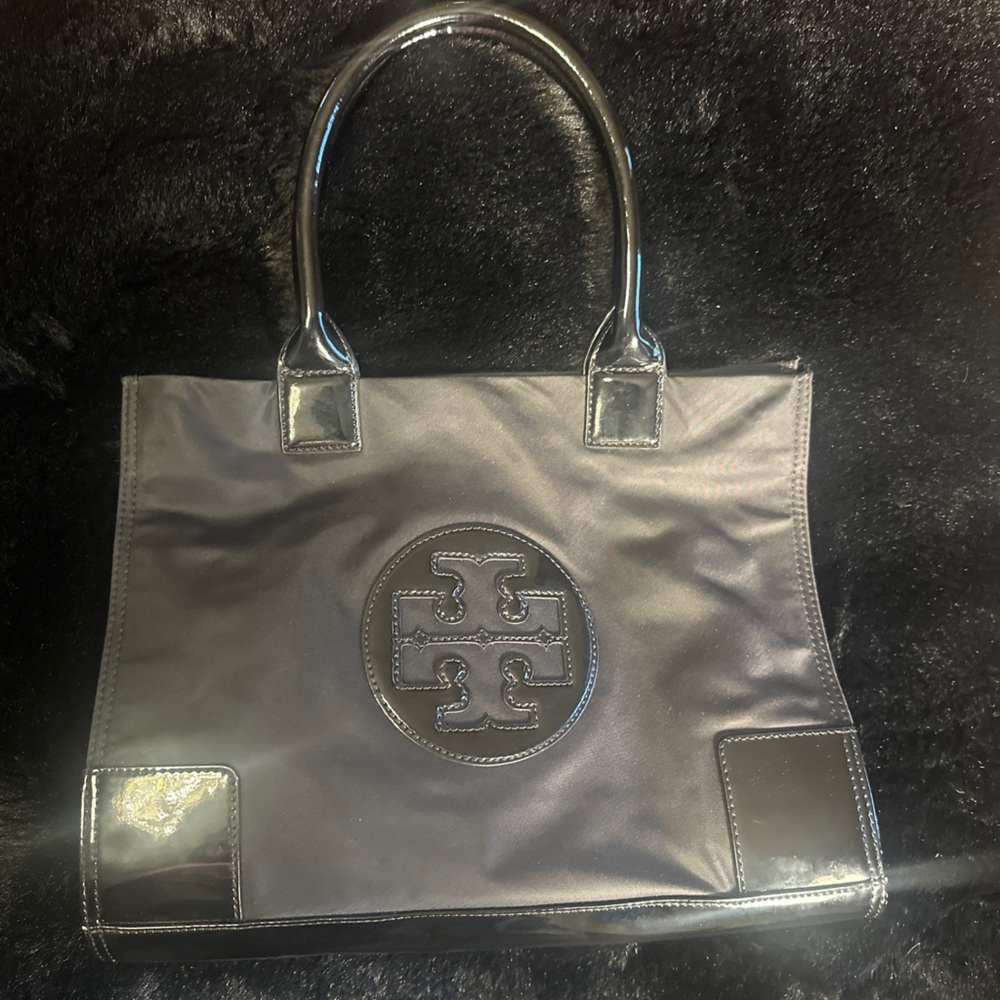 Tory Burch Black Patent-Trim Logo Tote